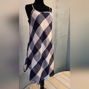 100% Cotton Plaid Fringe Navy and White Checkered Spaghetti Strap Sun Dress S